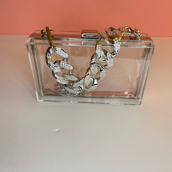 Crystal Chunky Chain Silver/Clear Box Clutch Handbag - Picture 3 of 7